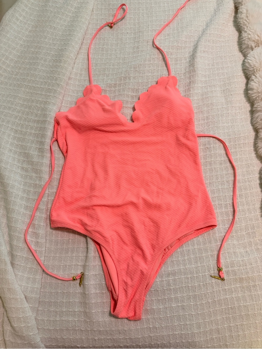 Jessica Simpson Coral Pink Scallop-Edge One-Piece